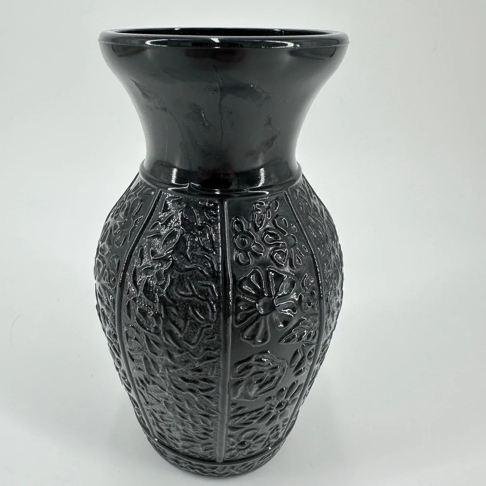 LE Smith Black Amethyst Glass Floral Embossed Vase Vintage Pressed Glass